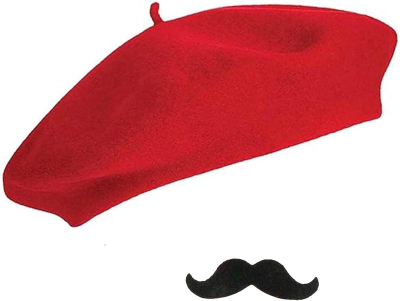 UTOWO Women French Beret Men Classic Stretchable Solid Beanie with Fake Mustache for Halloween-Mime Cosplay Accessory - Image 1